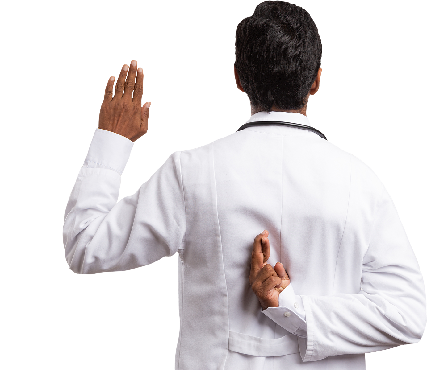 Doctor crossing their fingers behind their back